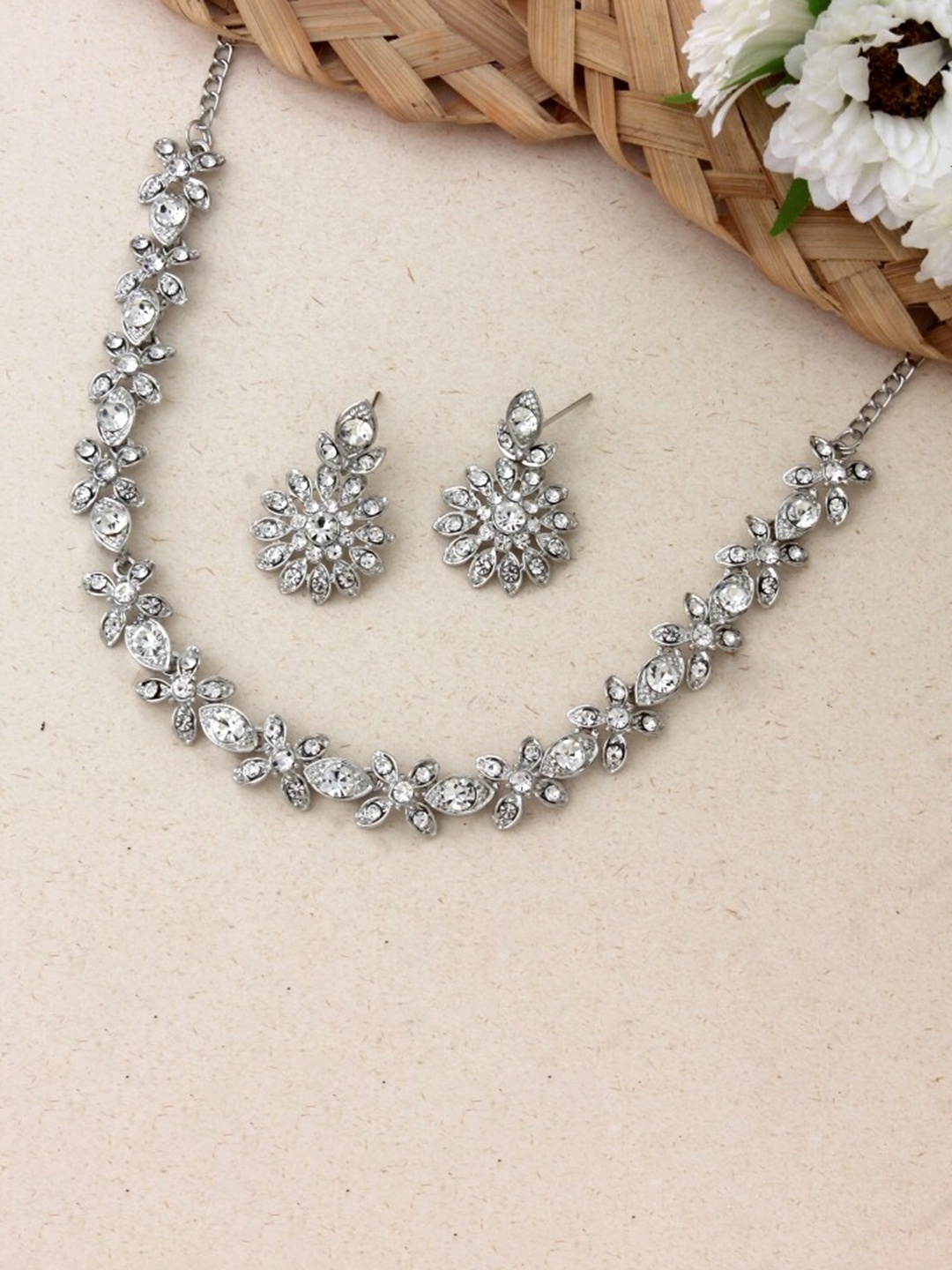 

Atasi International Silver-Plated Flower Crystal Stone Studded Jewellery Set