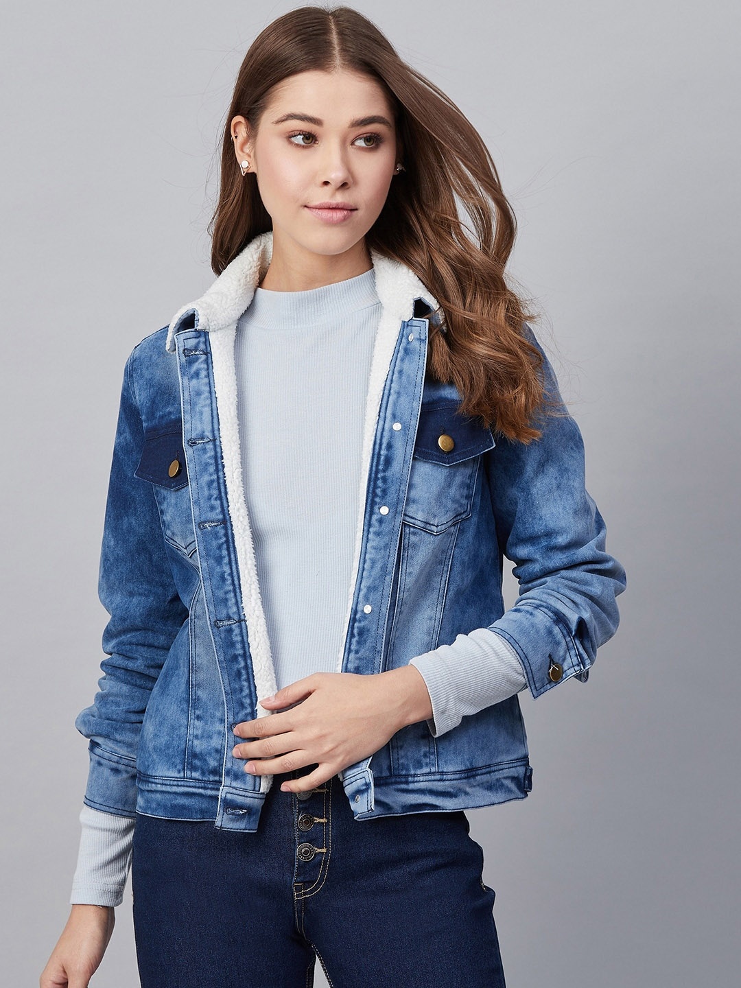 

StyleStone Women Cotton Washed Denim Jacket, Blue