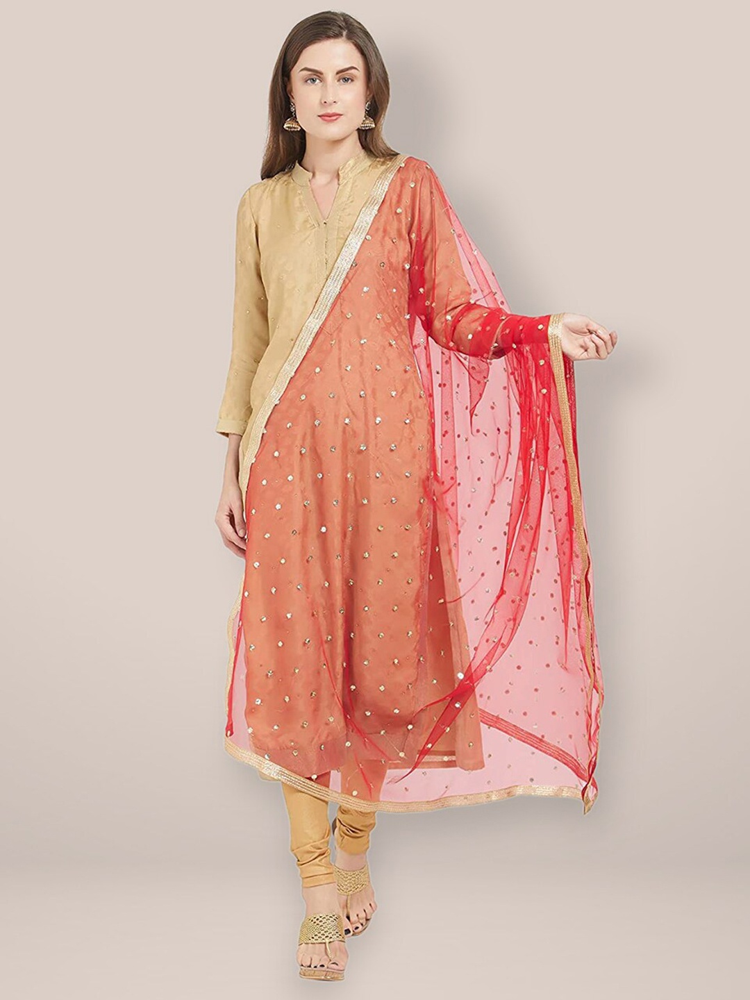 

Dupatta Bazaar Red & Gold-Toned Embroidered Dupatta with Sequinned