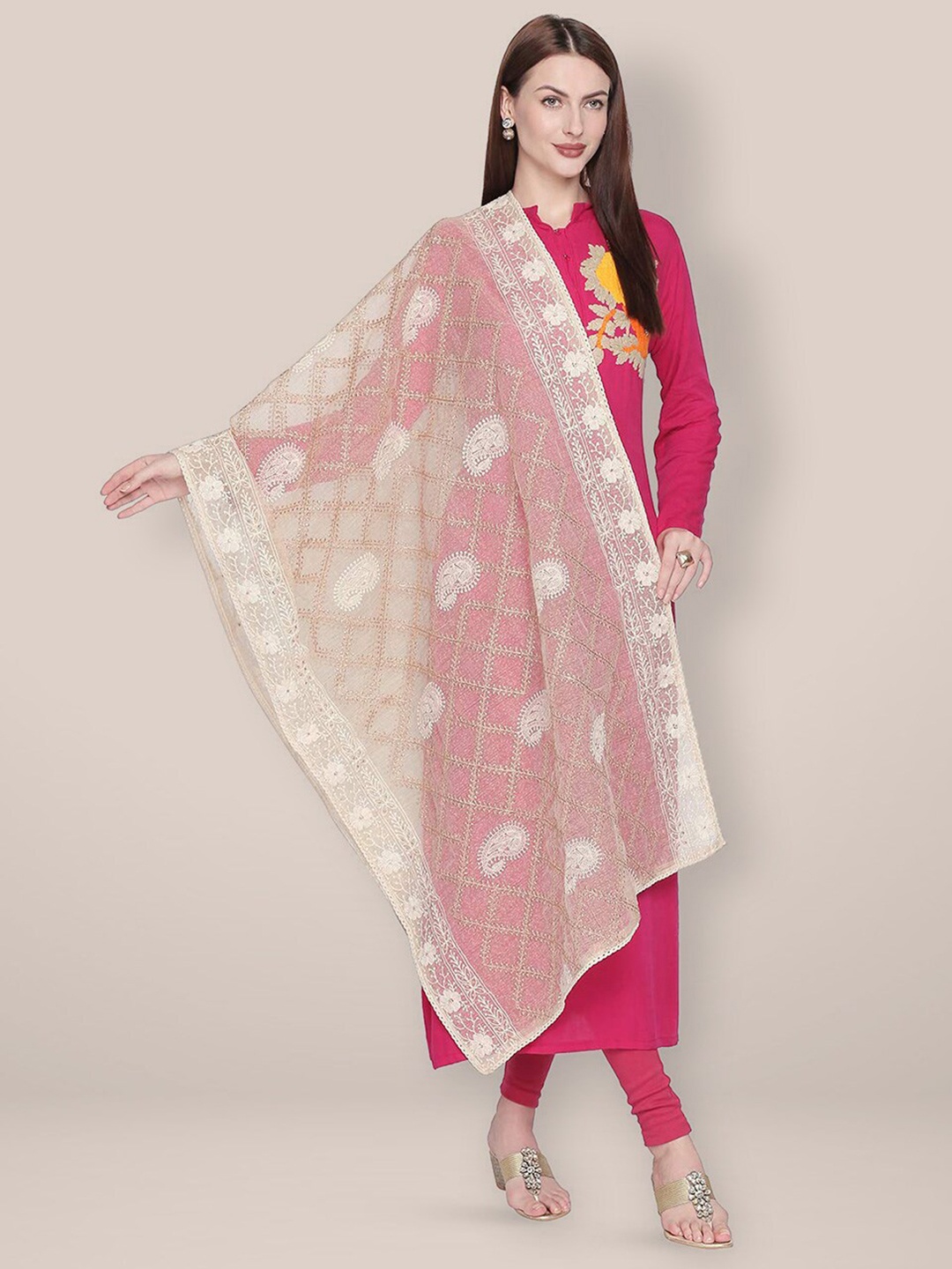 

Dupatta Bazaar Ethnic Motifs Embroidered Cotton Silk Dupatta with Chikankari, Cream