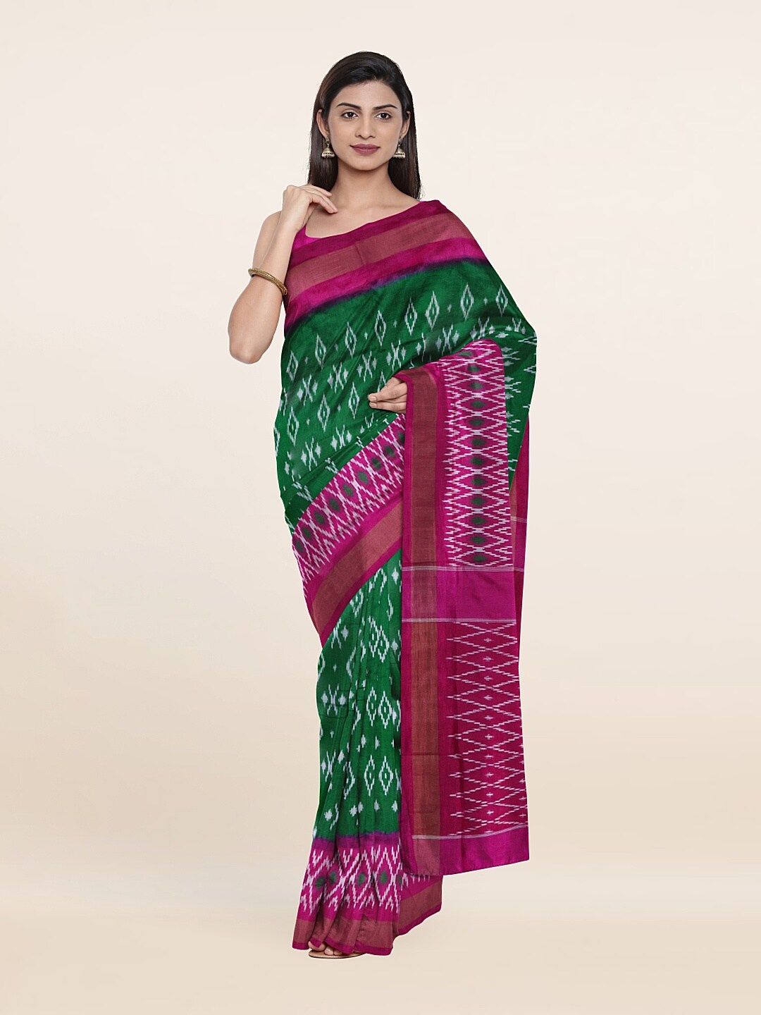 

Pothys Printed Geometric Zari Pure Silk Saree, Green