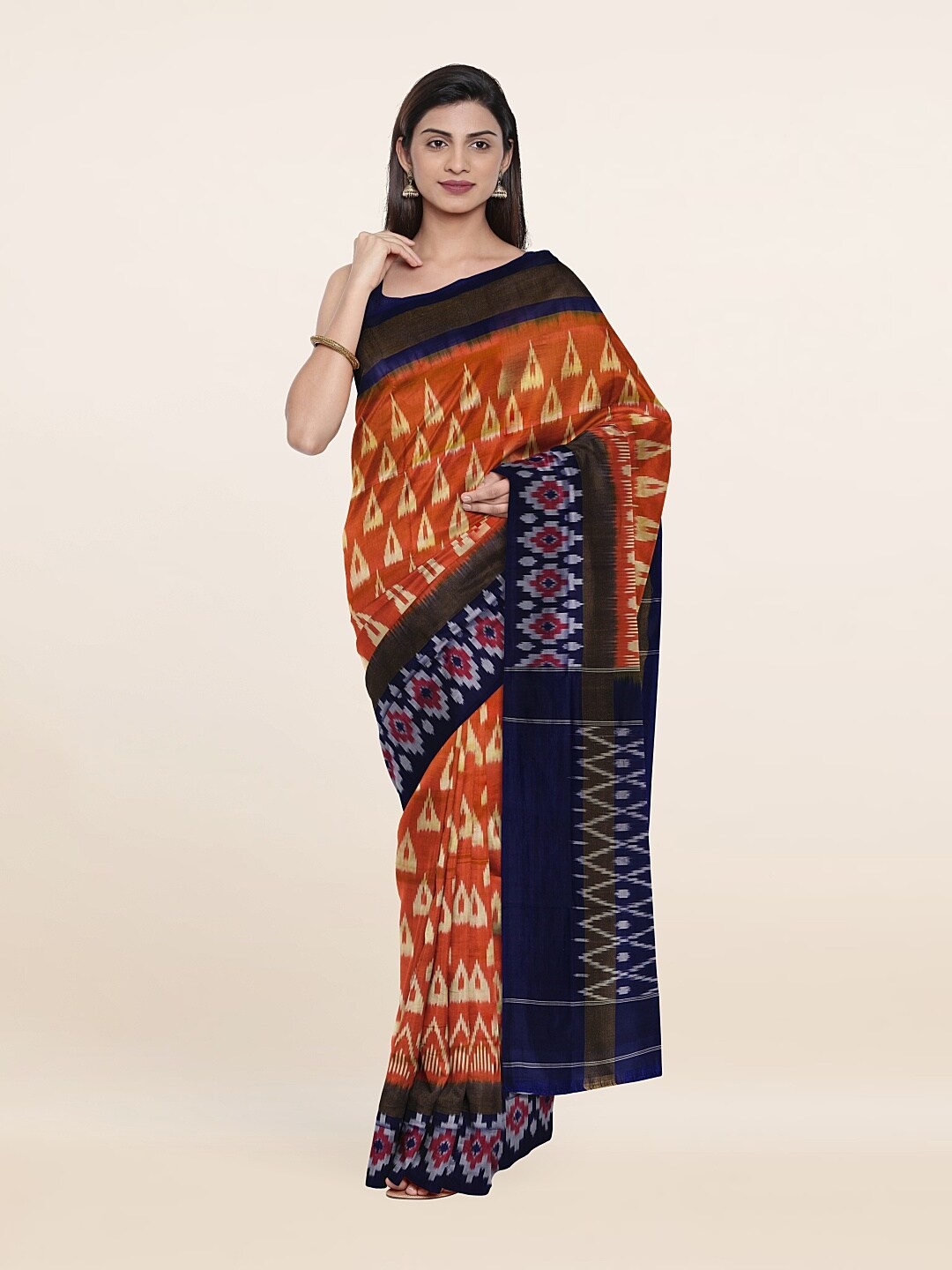 

Pothys Peach-Coloured & Navy Blue Zari Pure Silk Saree