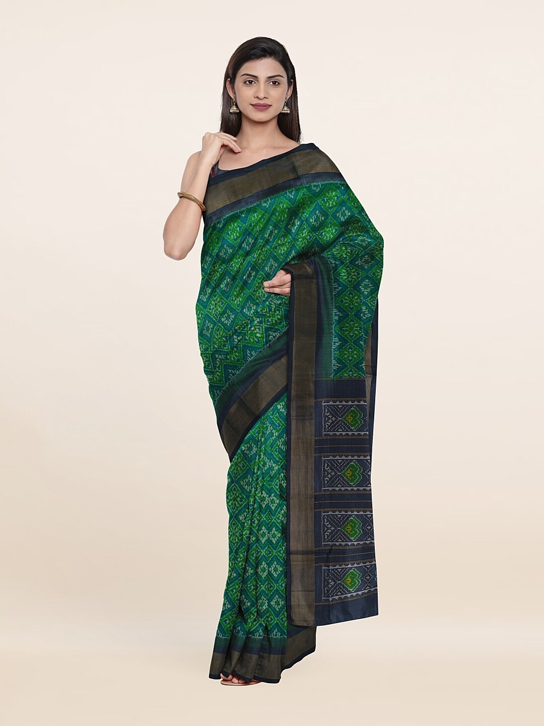 

Pothys Green & Navy Blue Ethnic Motifs Zari Pure Silk Saree