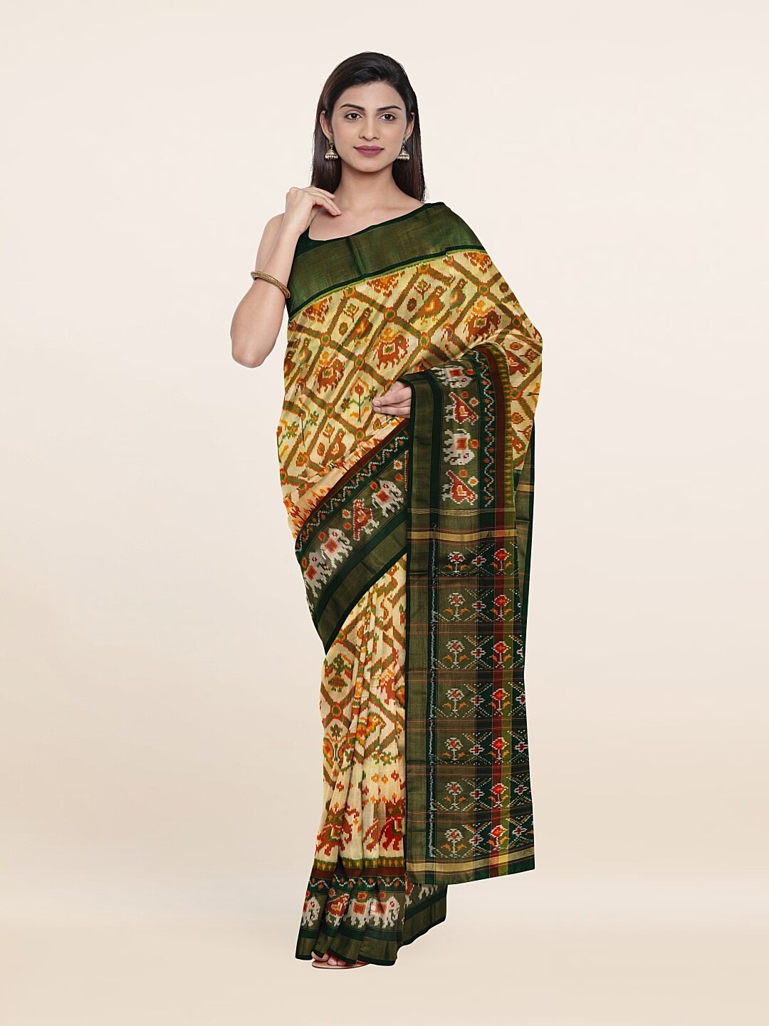 

Pothys Cream-Coloured & Green Ethnic Motifs Zari Pure Silk Saree