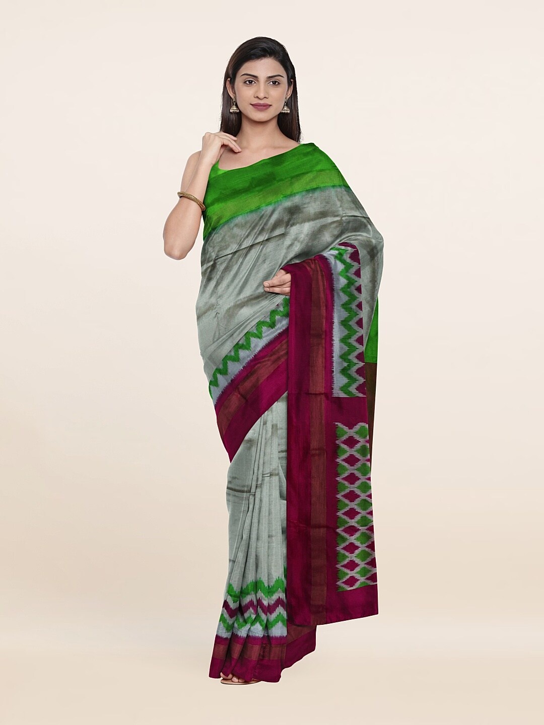 

Pothys Grey & Burgundy Zari Pure Silk Saree