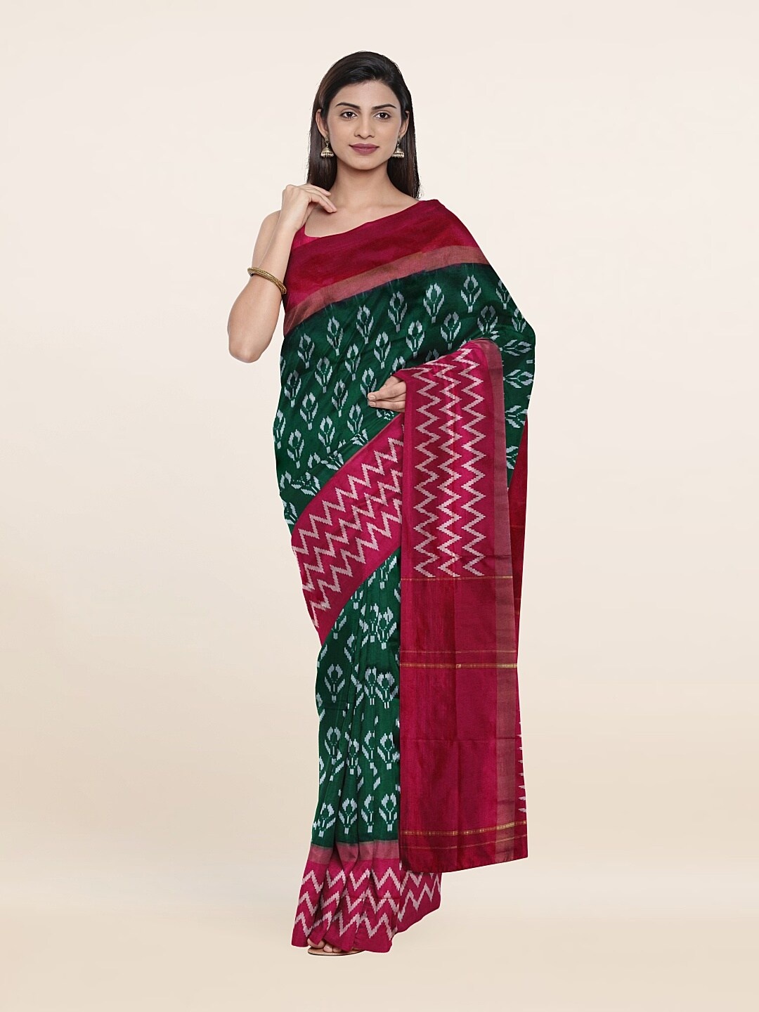 

Pothys Green & Pink Ethnic Motifs Zari Pure Silk Saree