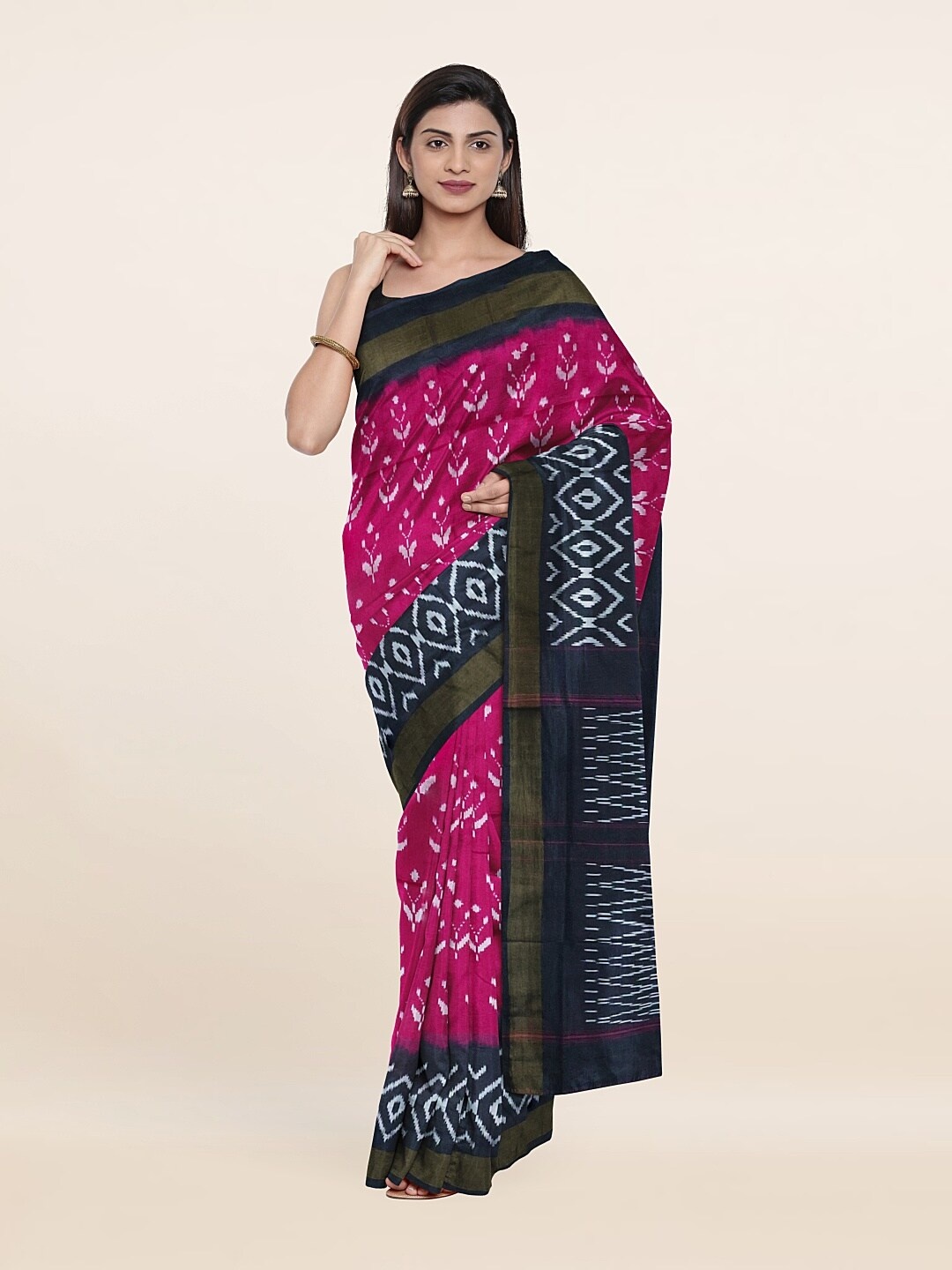 

Pothys Pink & Black Floral Zari Pure Silk Saree