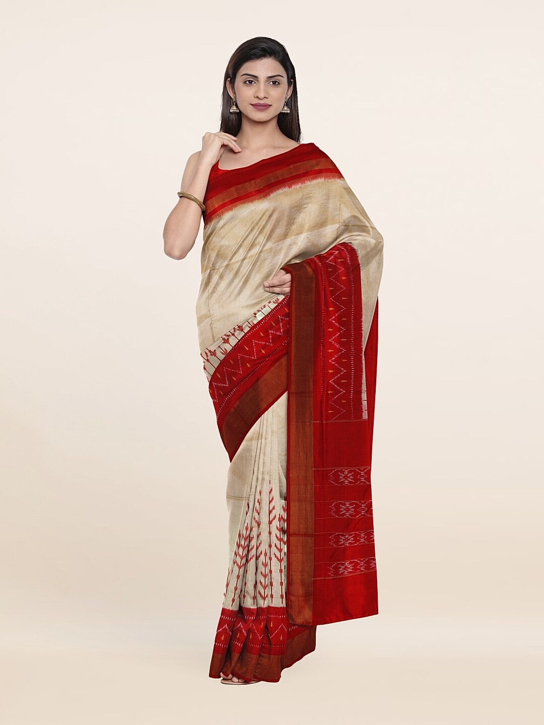

Pothys Cream-Coloured & Red Floral Zari Pure Silk Saree