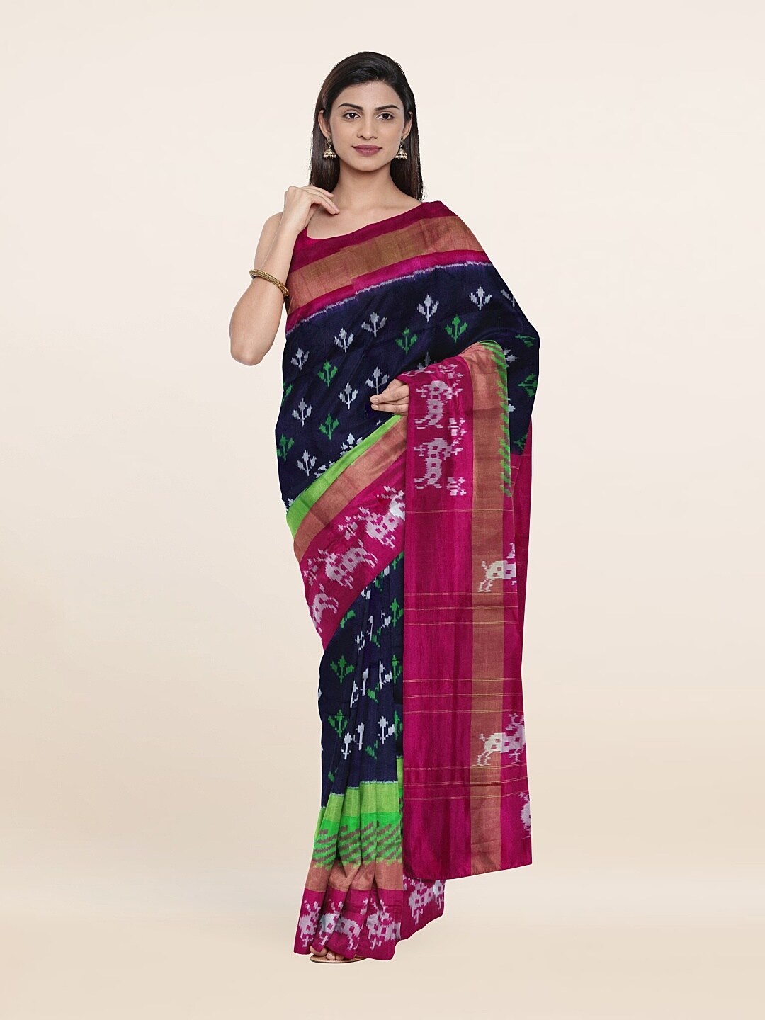 

Pothys Navy Blue & Pink Ethnic Motifs Zari Pure Silk Saree