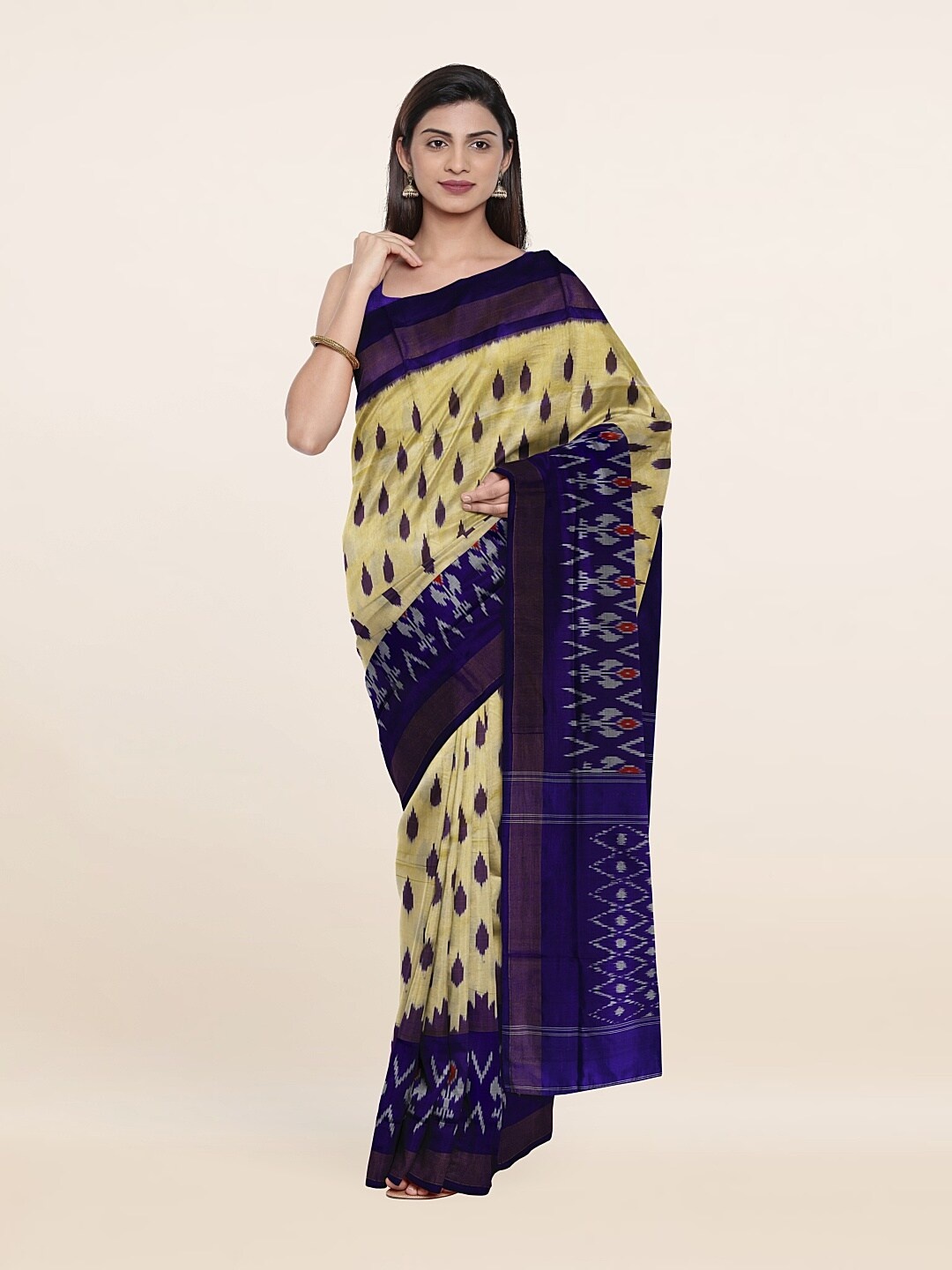 

Pothys Cream-Coloured & Blue Ethnic Motifs Zari Pure Silk Saree