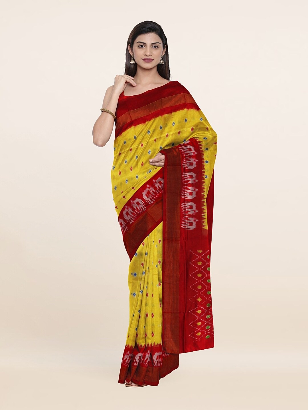 

Pothys Yellow & Red Ethnic Motifs Zari Pure Silk Saree