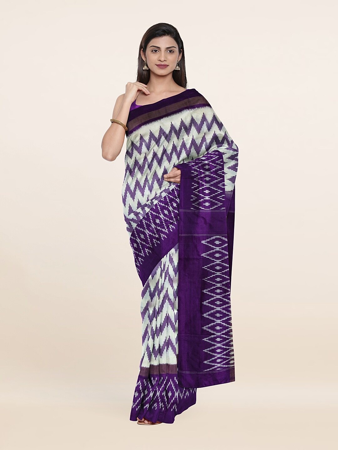 

Pothys Cream-Coloured & Purple Pure Silk Saree
