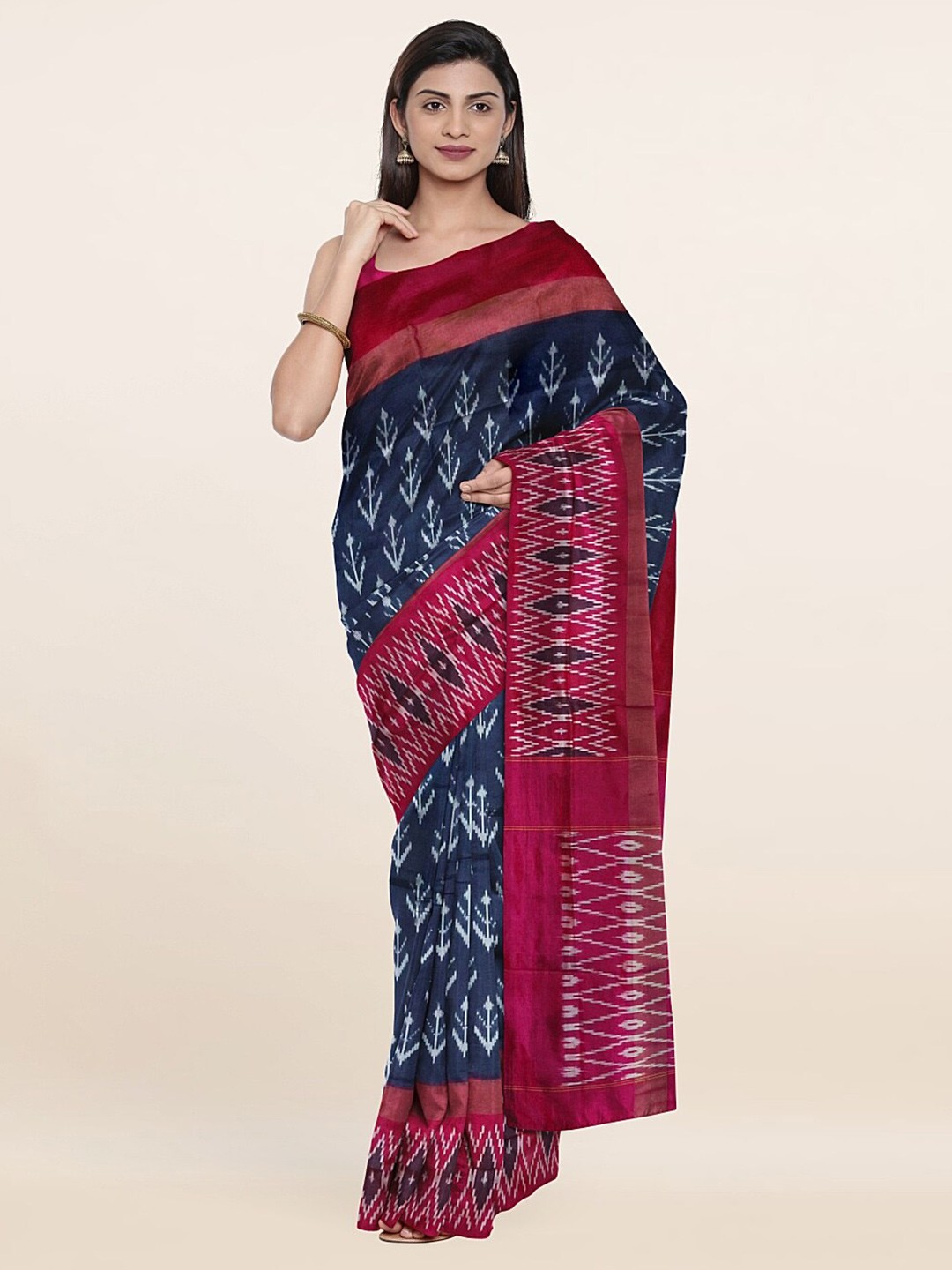 

Pothys Grey & Pink Ethnic Motifs Zari Pure Silk Saree, Blue