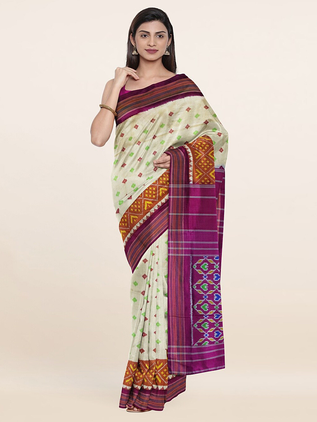 

Pothys Cream-Coloured & Yellow Floral Pure Silk Saree