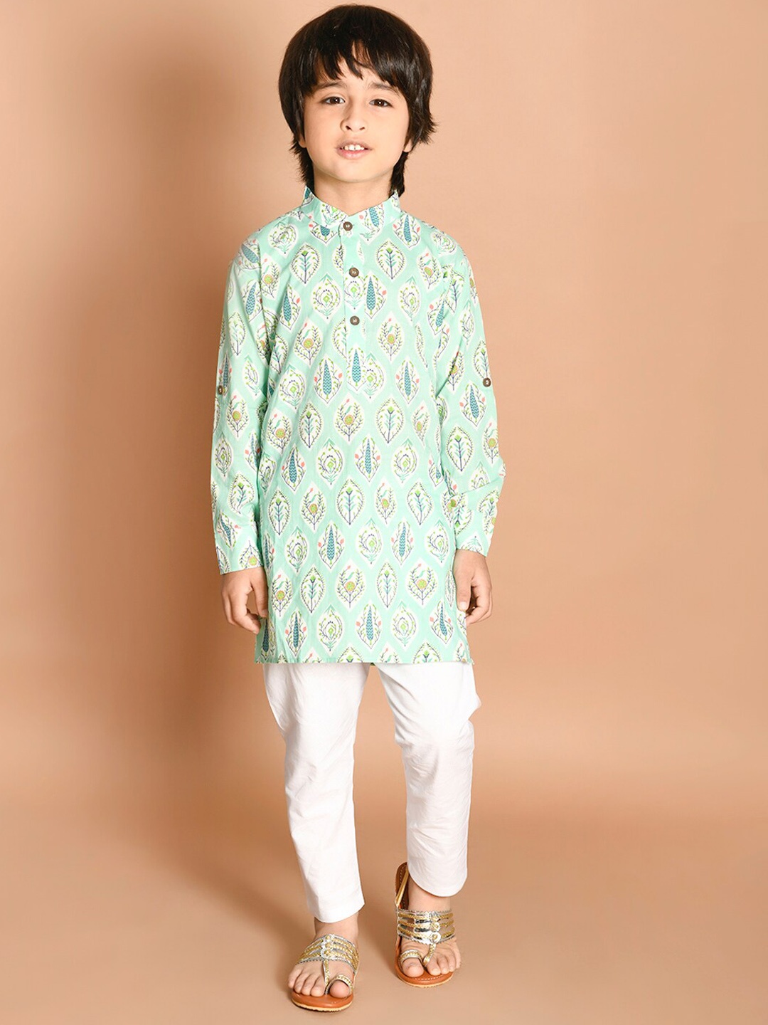 

LIL PITAARA Ethnic Motifs Printed Pure Cotton Kurta & Pyjamas With Nehru Jacket, Green