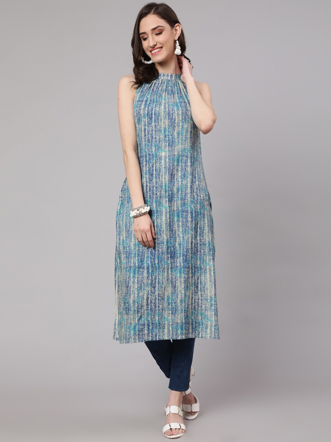 

Nayo Printed Halter Neck Kurta, Blue