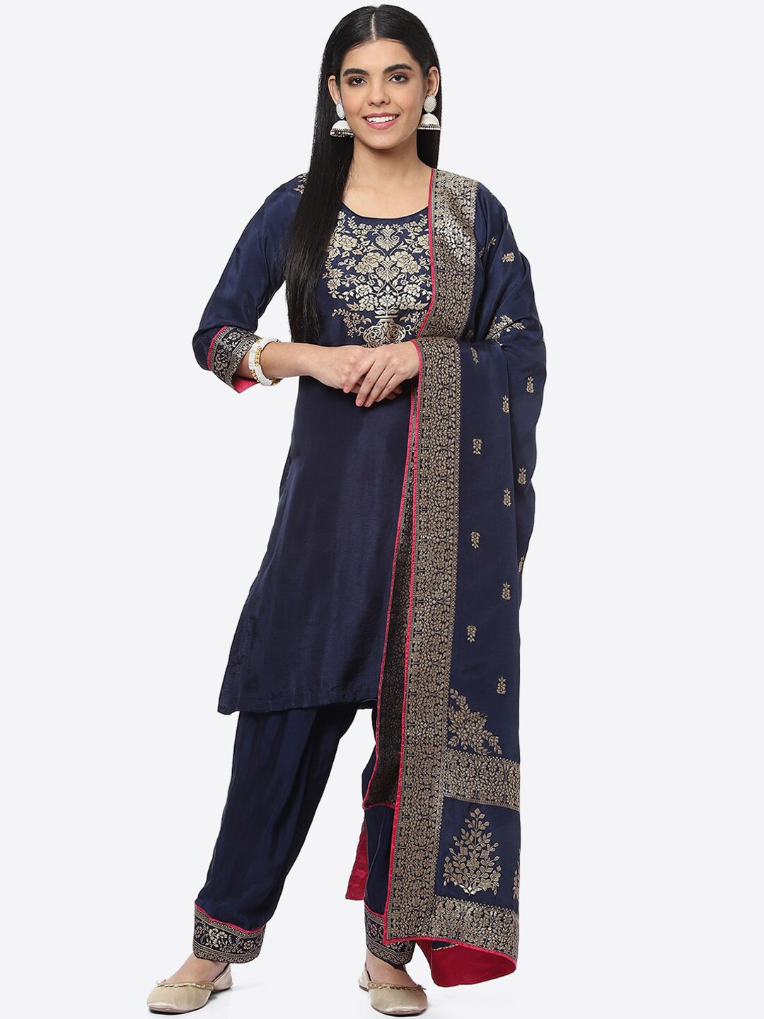 

Biba Women Ethnic Motifs Yoke Design Kurta with Salwar & Dupatta, Navy blue