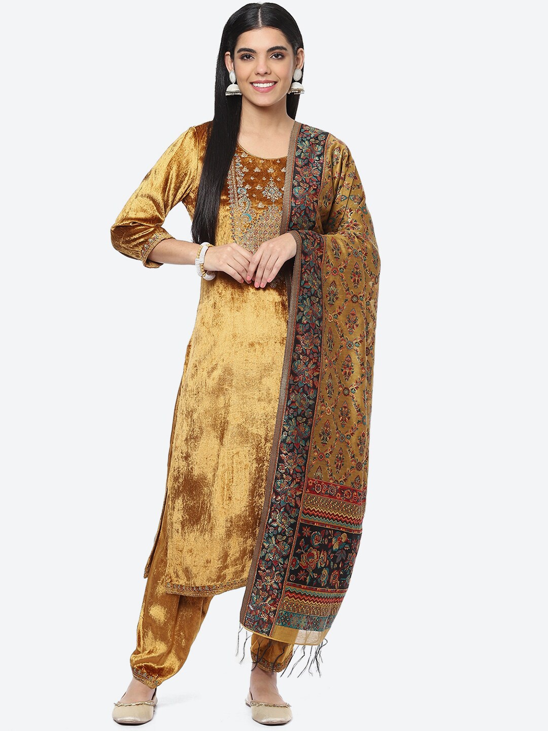 

Biba Women Ethnic Motifs Embroidered Beads and Stones Velvet Kurta with Trousers & Dupatta, Mustard