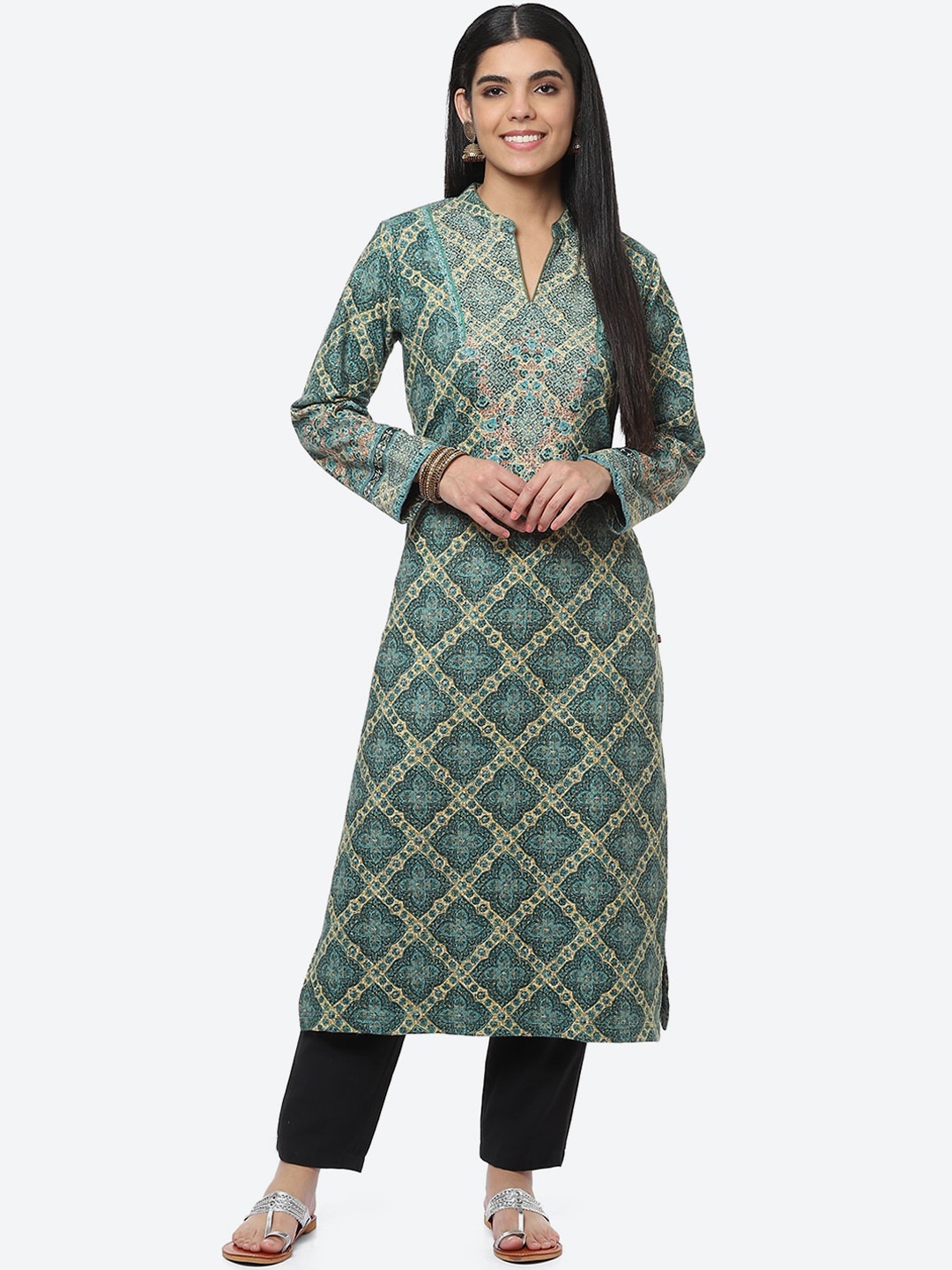 

Biba Women Green Ethnic Motifs Printed Thread Work Kurta