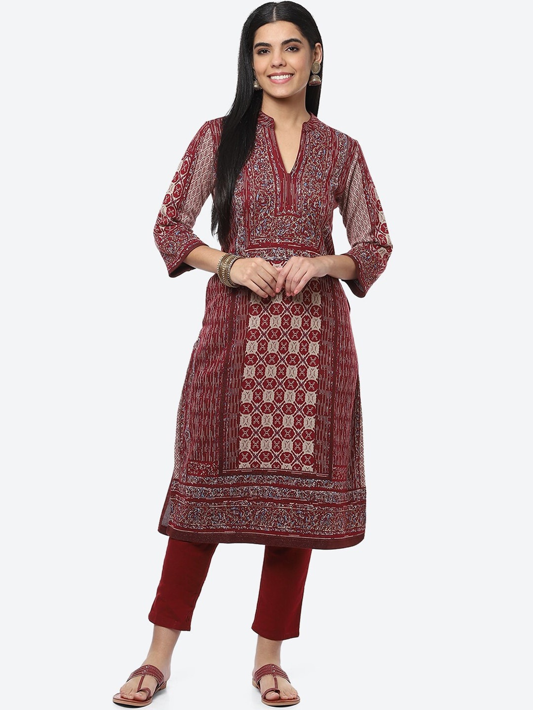 

Biba Women Maroon Printed Straight Kurta