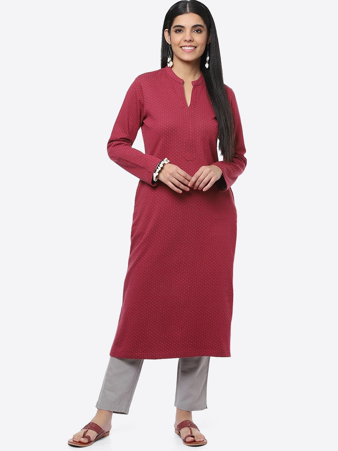 

Biba Printed Band Neck Straight Cotton Kurta, Red