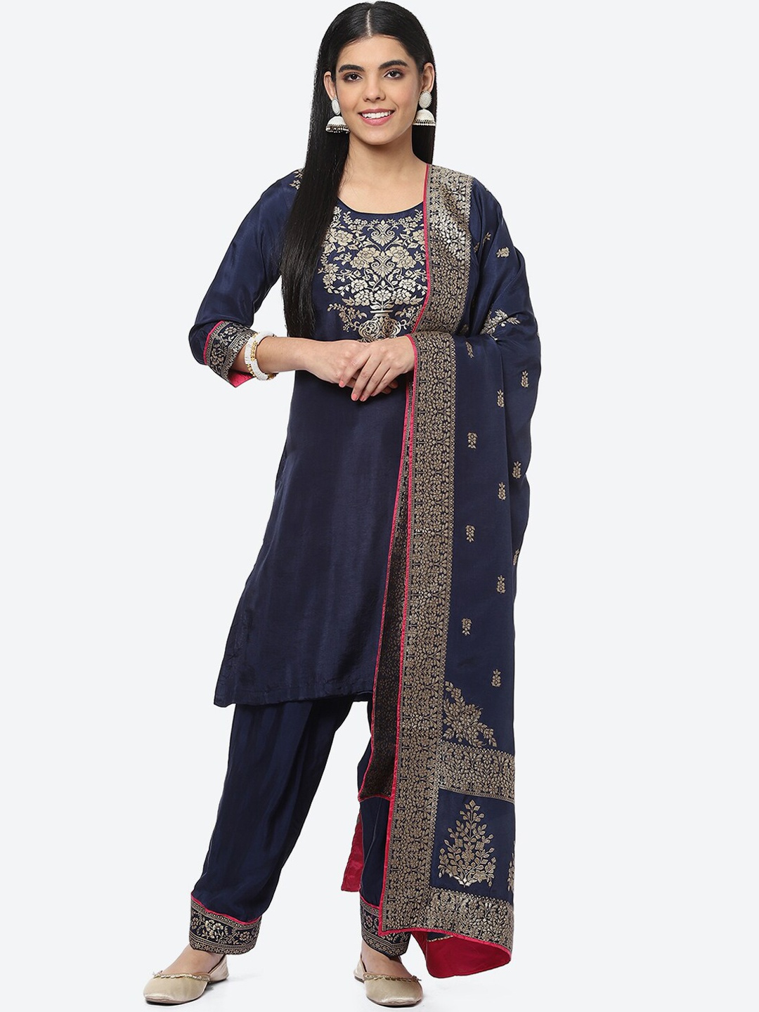 

Biba Women Ethnic Motifs Yoke Design Kurta with Salwar & Dupatta, Navy blue