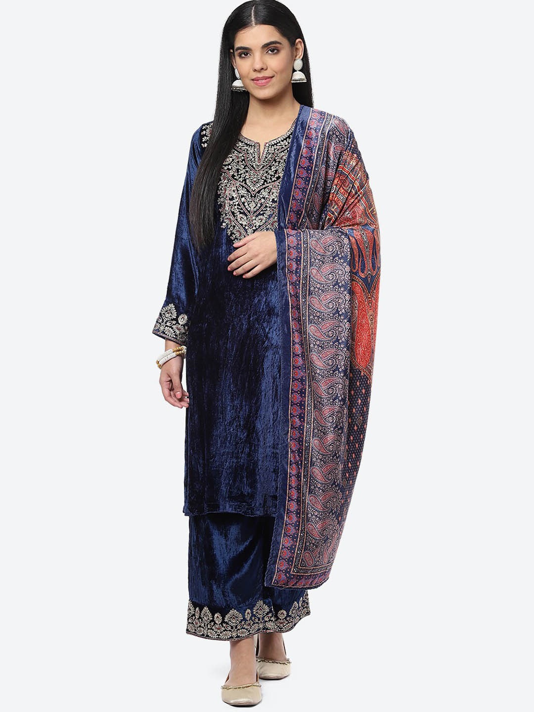 

Biba Women Ethnic Motifs Yoke Design Velvet Kurta with Palazzos & Dupatta, Navy blue