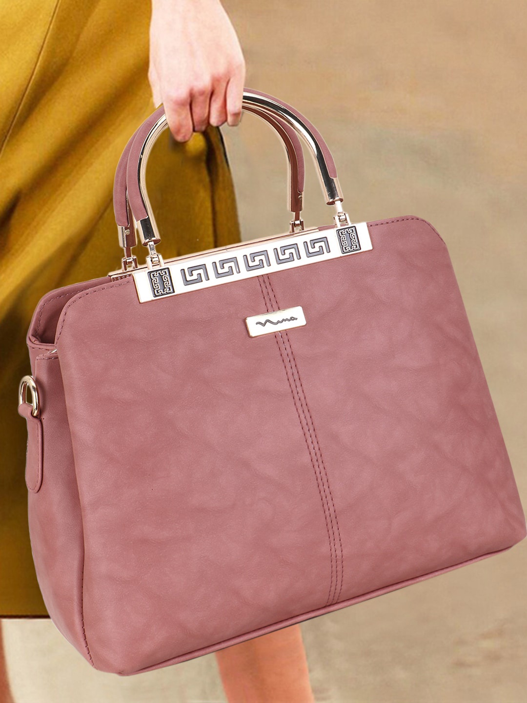 

SHINING STAR Peach-Coloured PU Oversized Structured Handheld Bag