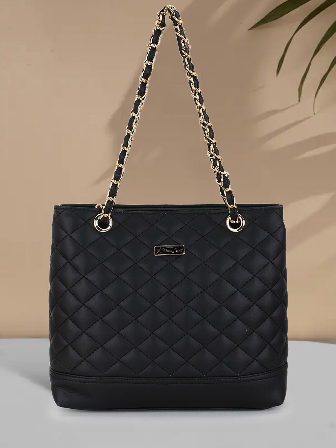 

SHINING STAR Black PU Structured Handheld Bag with Quilted