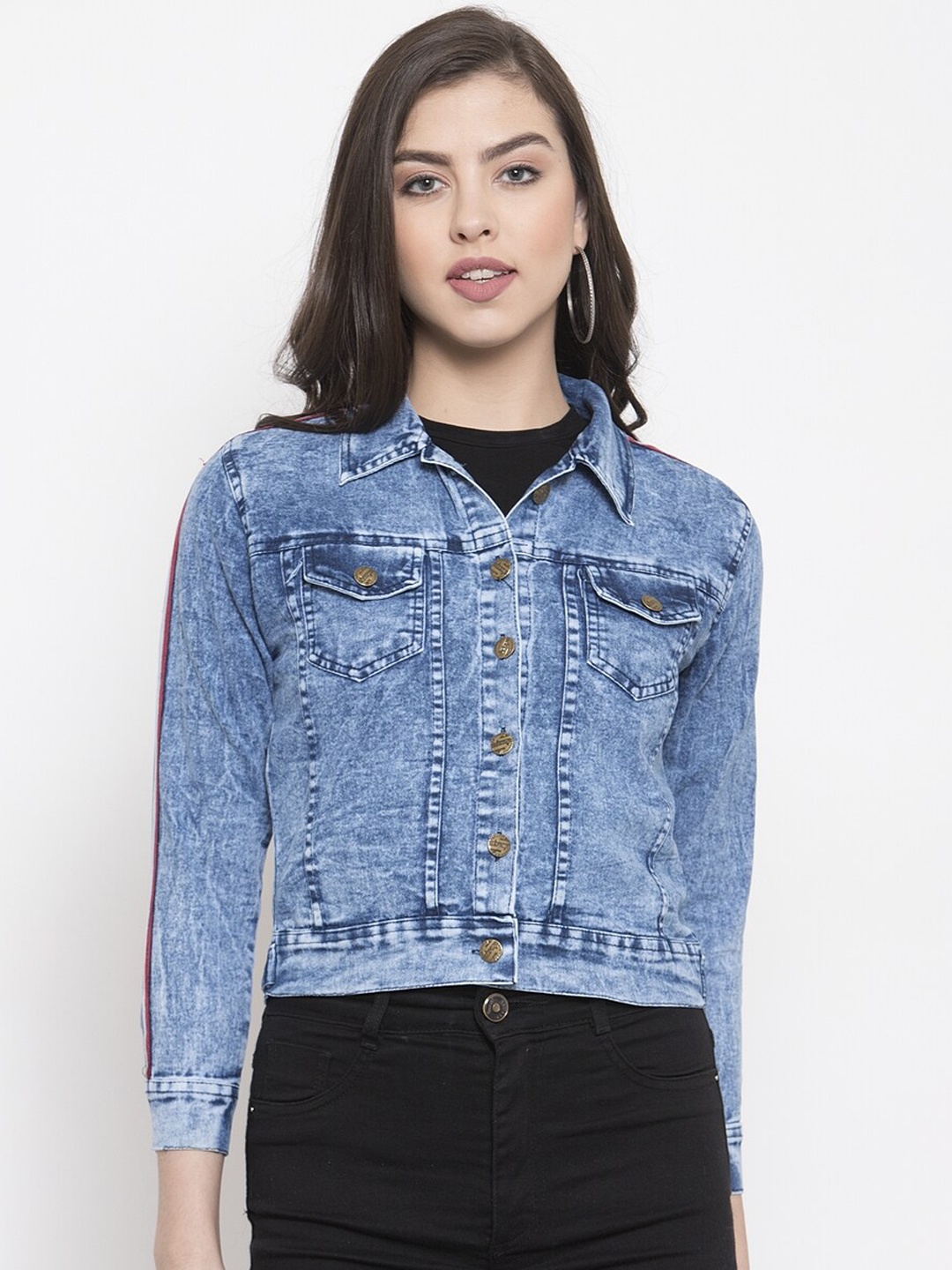 

VOXATI Women Washed Crop Cotton Denim Jacket, Blue