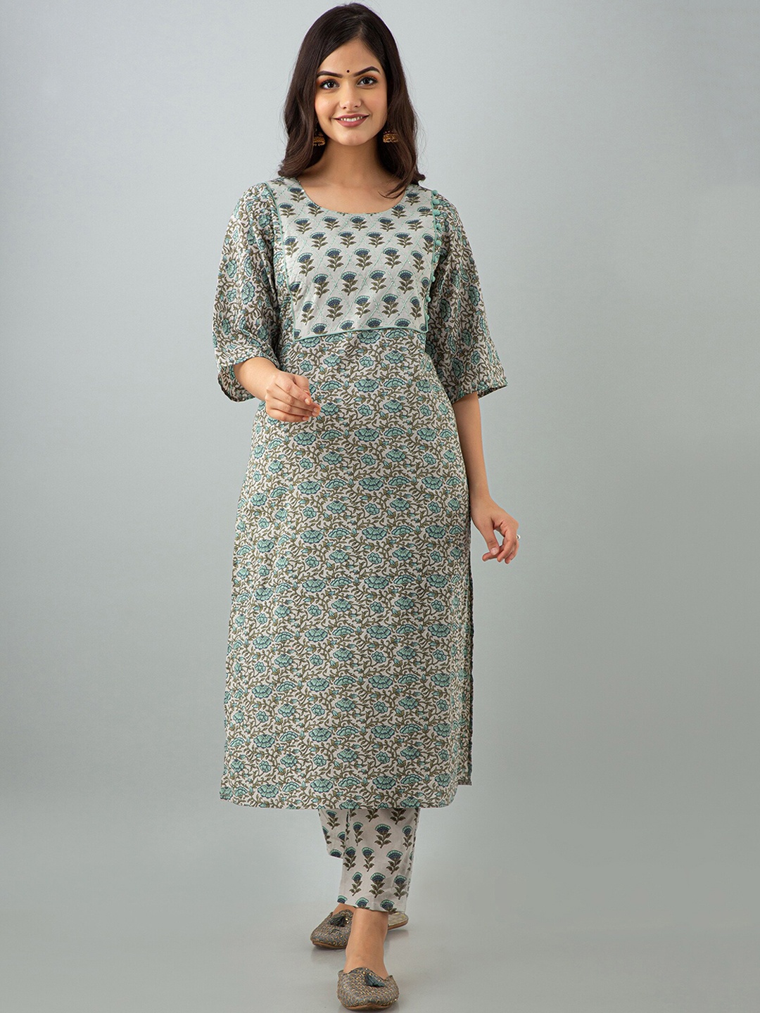 

KALINI Women Floral Printed Pure Cotton Kurta With Trousers, Green