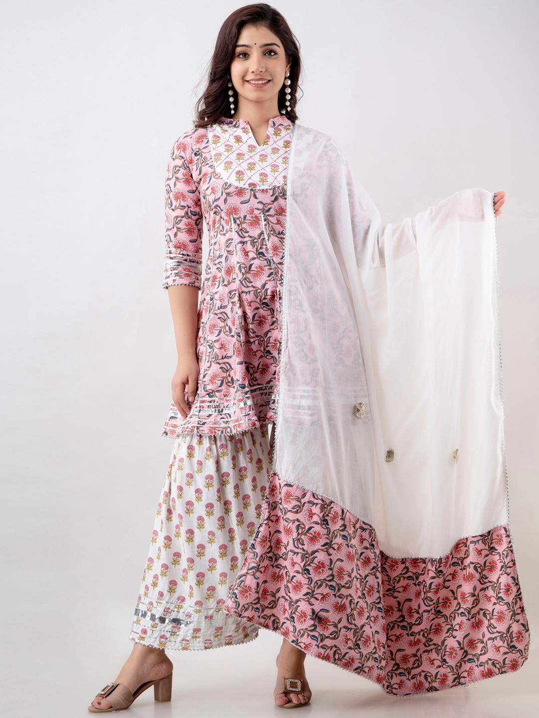

KALINI Women Floral Printed Gotta Patti Pure Cotton Kurti With Sharara & Dupatta, Pink