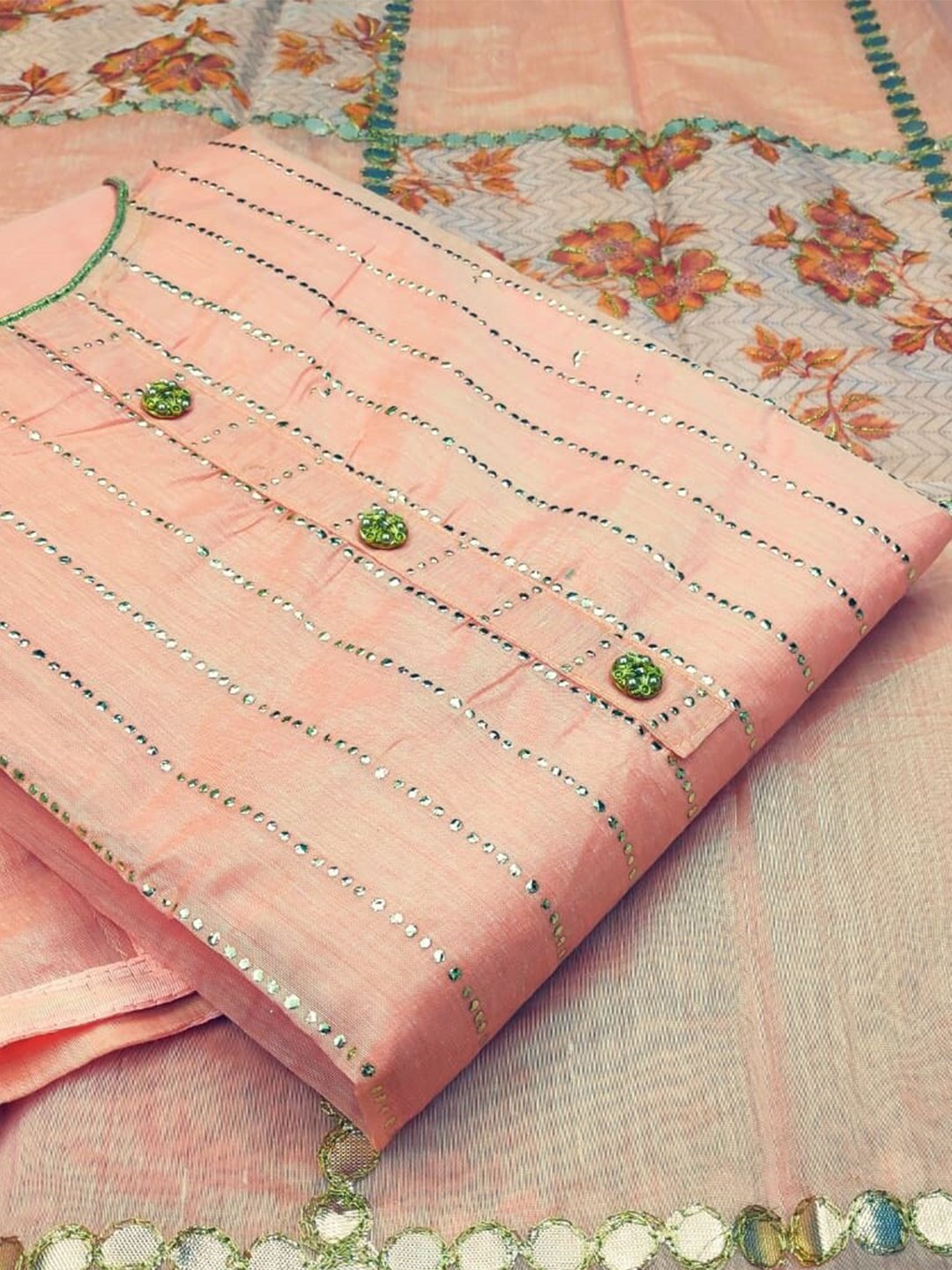 

KALINI Printed Sequinned Unstitched Dress Material, Peach