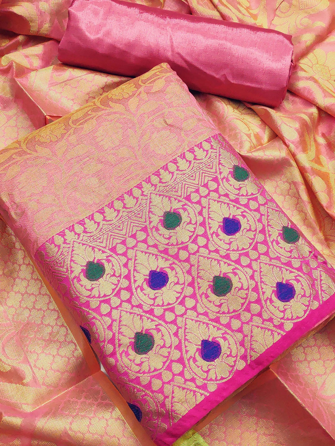 KALINI Ethnic Motifs Printed Unstitched Dress Material, Pink