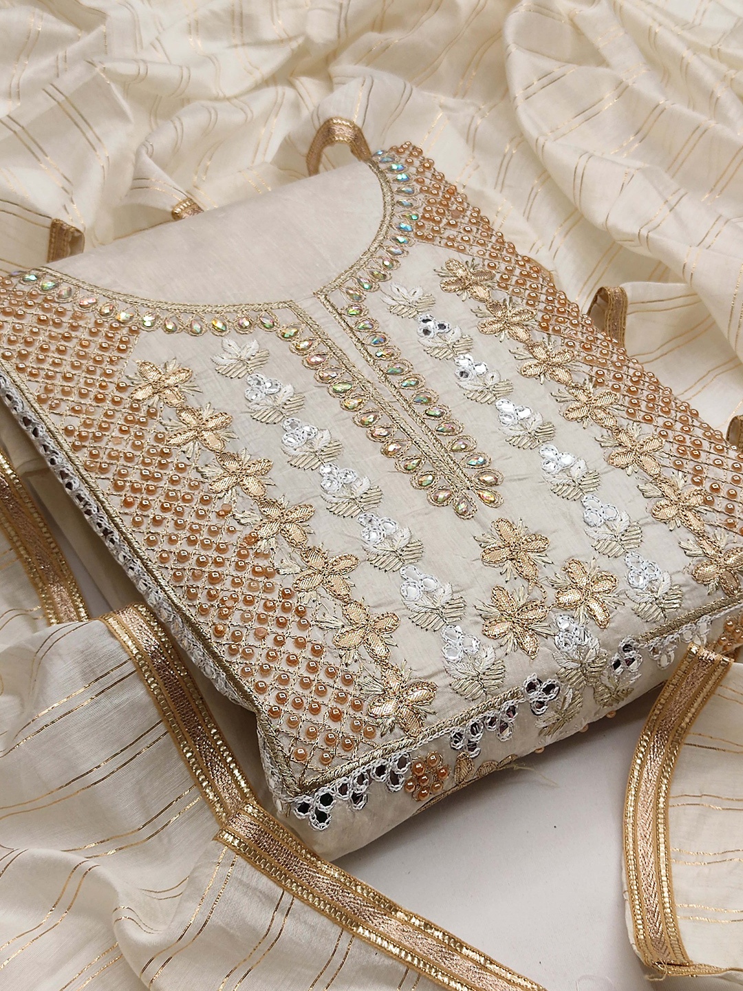 

KALINI Floral Printed Unstitched Dress Material, Beige