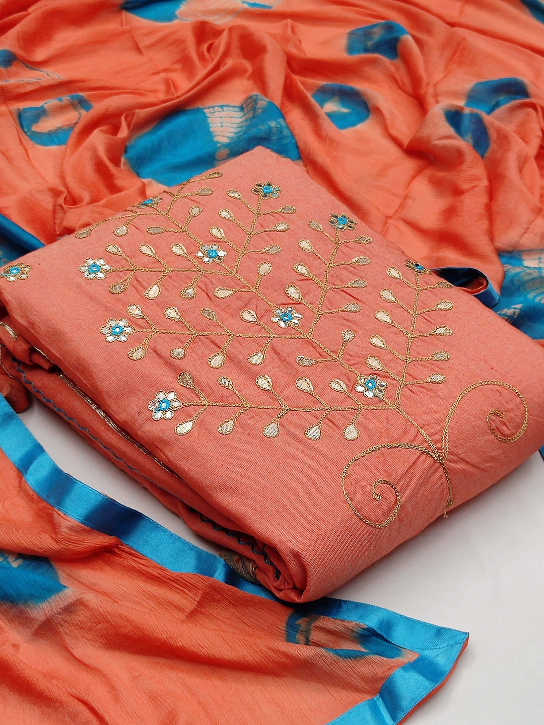 

KALINI Embroidered Pure Cotton Unstitched Dress Material, Peach