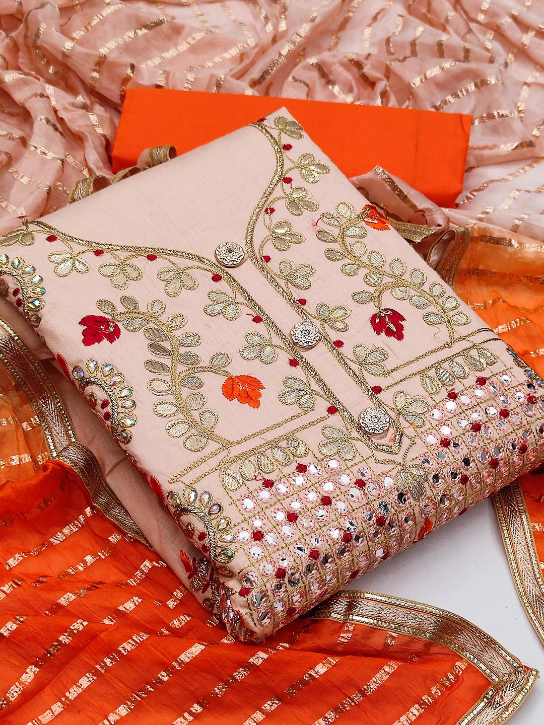 

KALINI Printed Embroidered Unstitched Dress Material, Beige