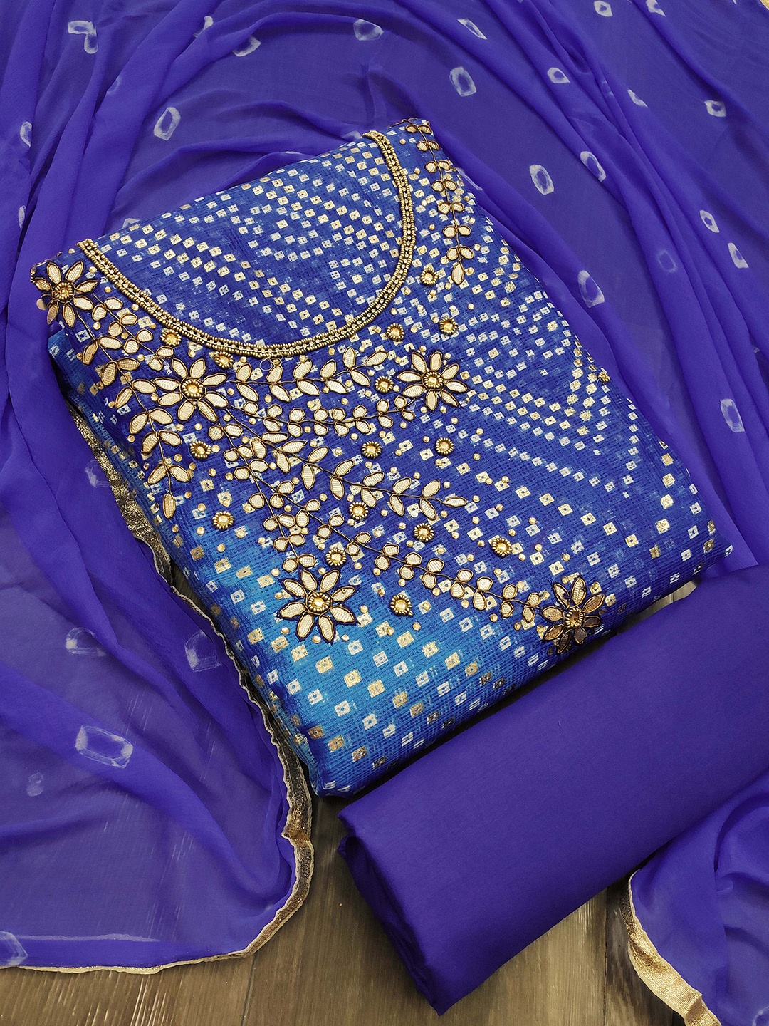 

KALINI Bandhani Printed Unstitched Dress Material, Blue
