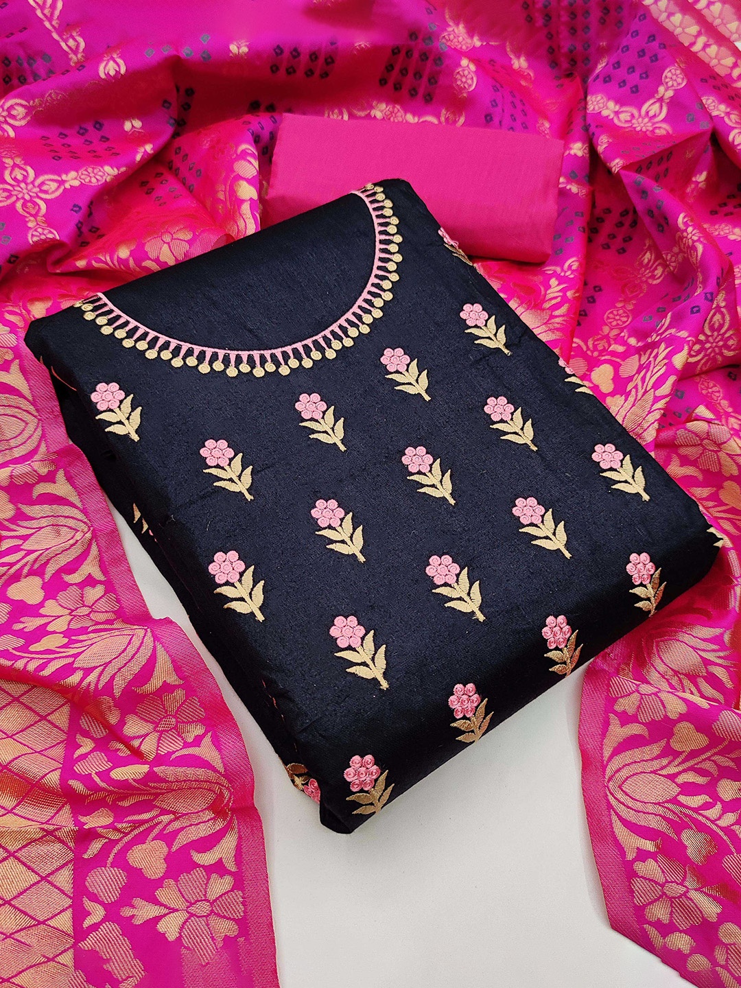 

KALINI Floral Printed Unstitched Dress Material, Black