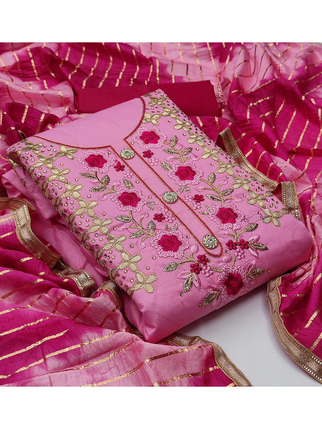 

KALINI Printed Embroidered Unstitched Dress Material, Pink