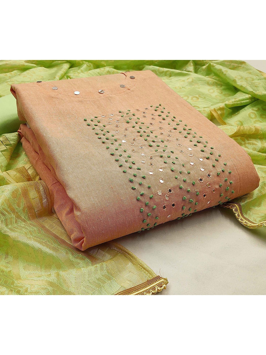 

KALINI Peach Colour & Green Pure Cotton Unstitched Dress Material
