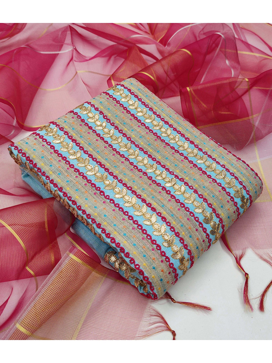 KALINI Blue & Red Pure Cotton Unstitched Dress Material