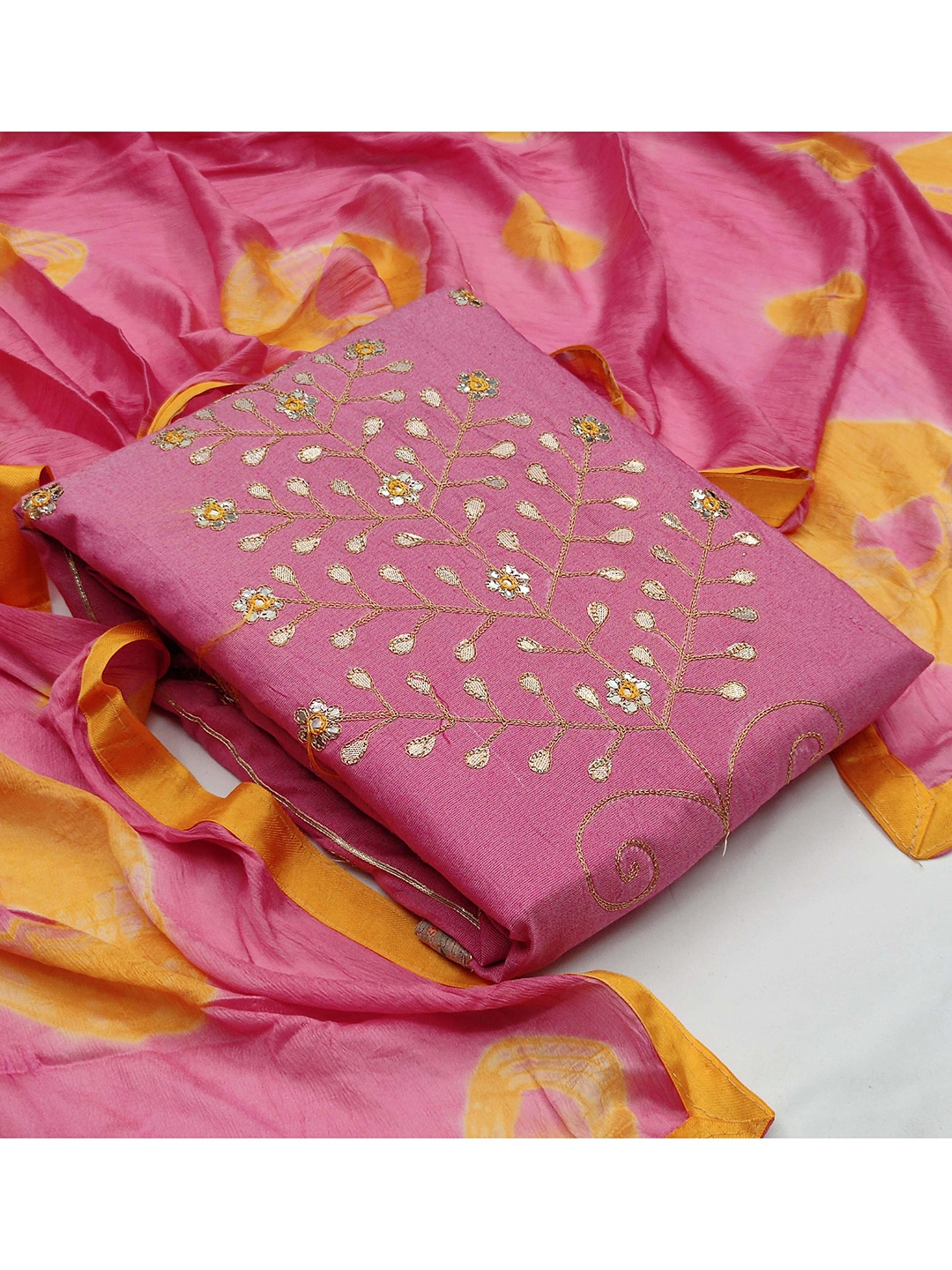 

KALINI Pink & Mustard Pure Cotton Unstitched Dress Material