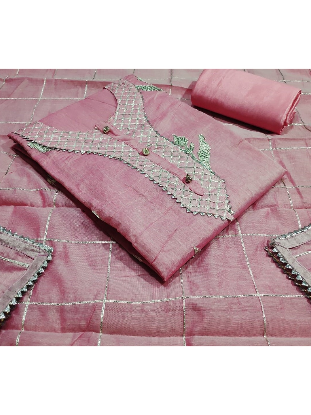 

KALINI Pink & Silver-Toned Unstitched Dress Material