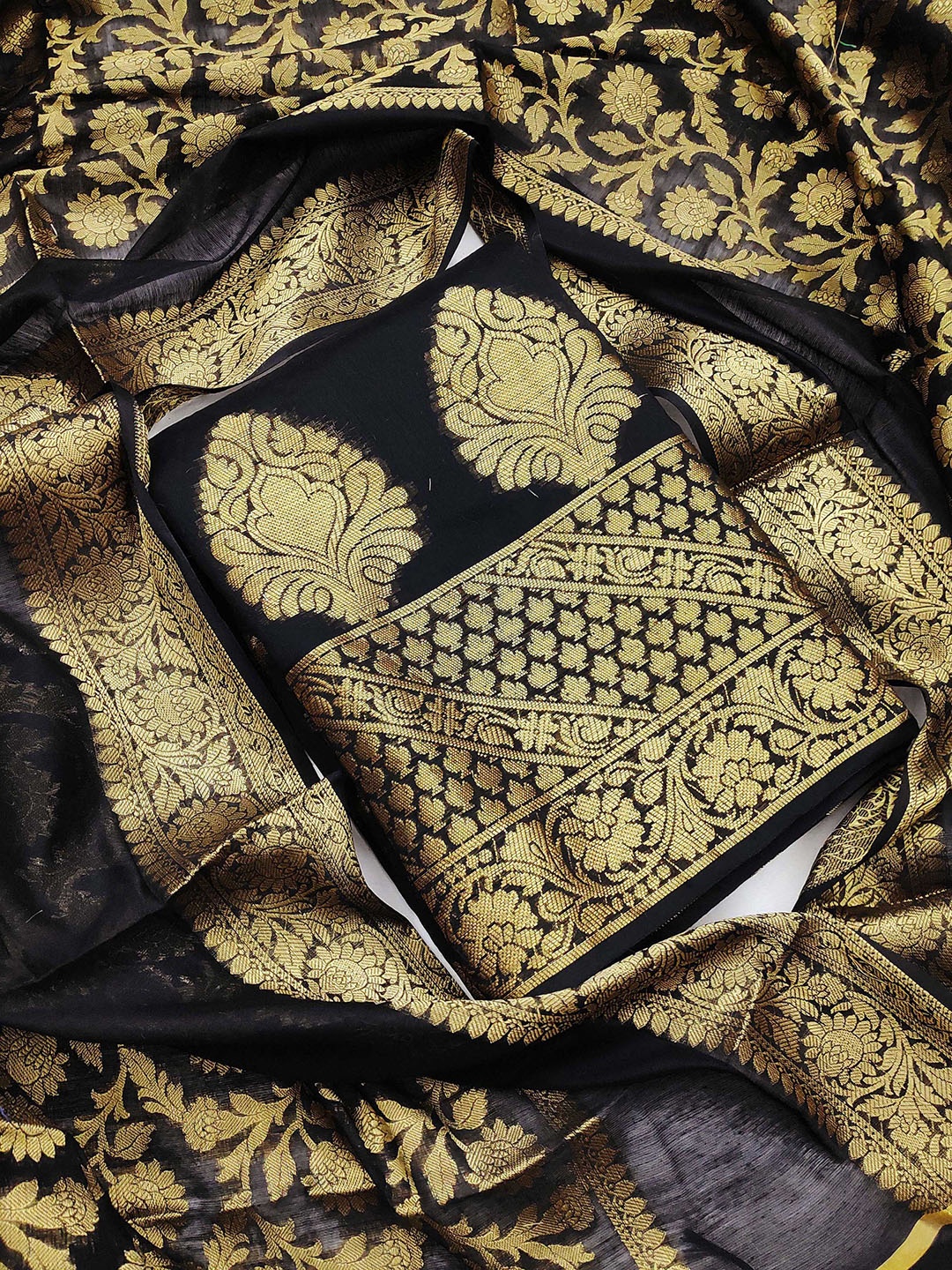 

KALINI Black & Gold-Toned Unstitched Dress Material