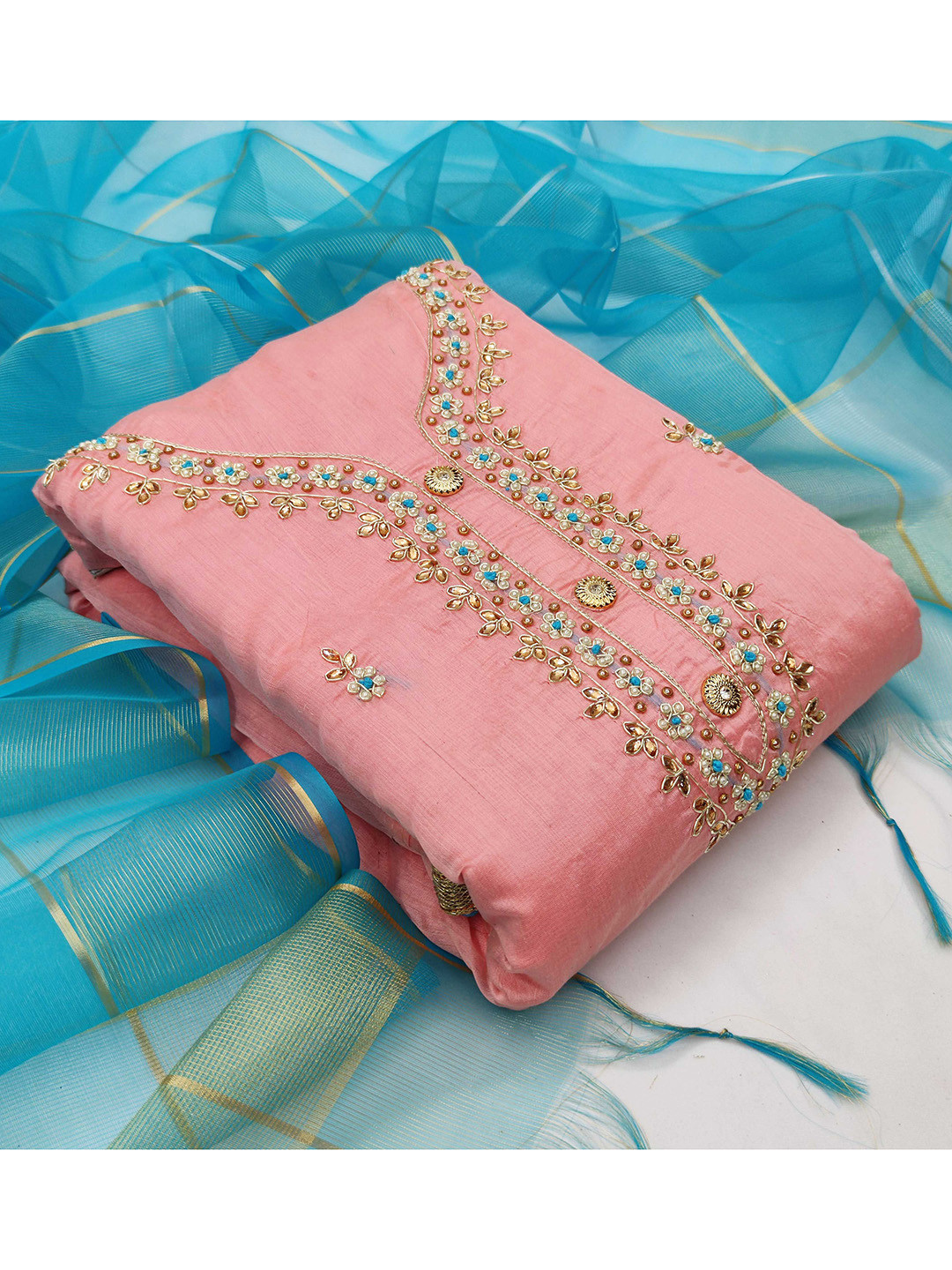 

KALINI Pink & Blue Unstitched Dress Material