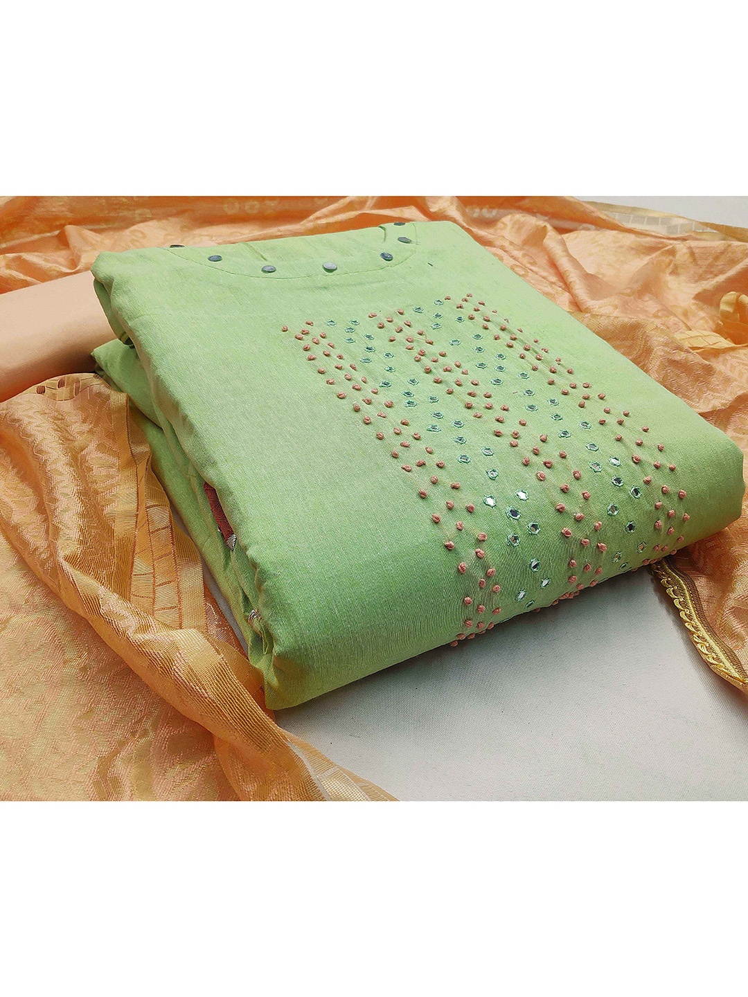 

KALINI Green & Brown Pure Cotton Unstitched Dress Material