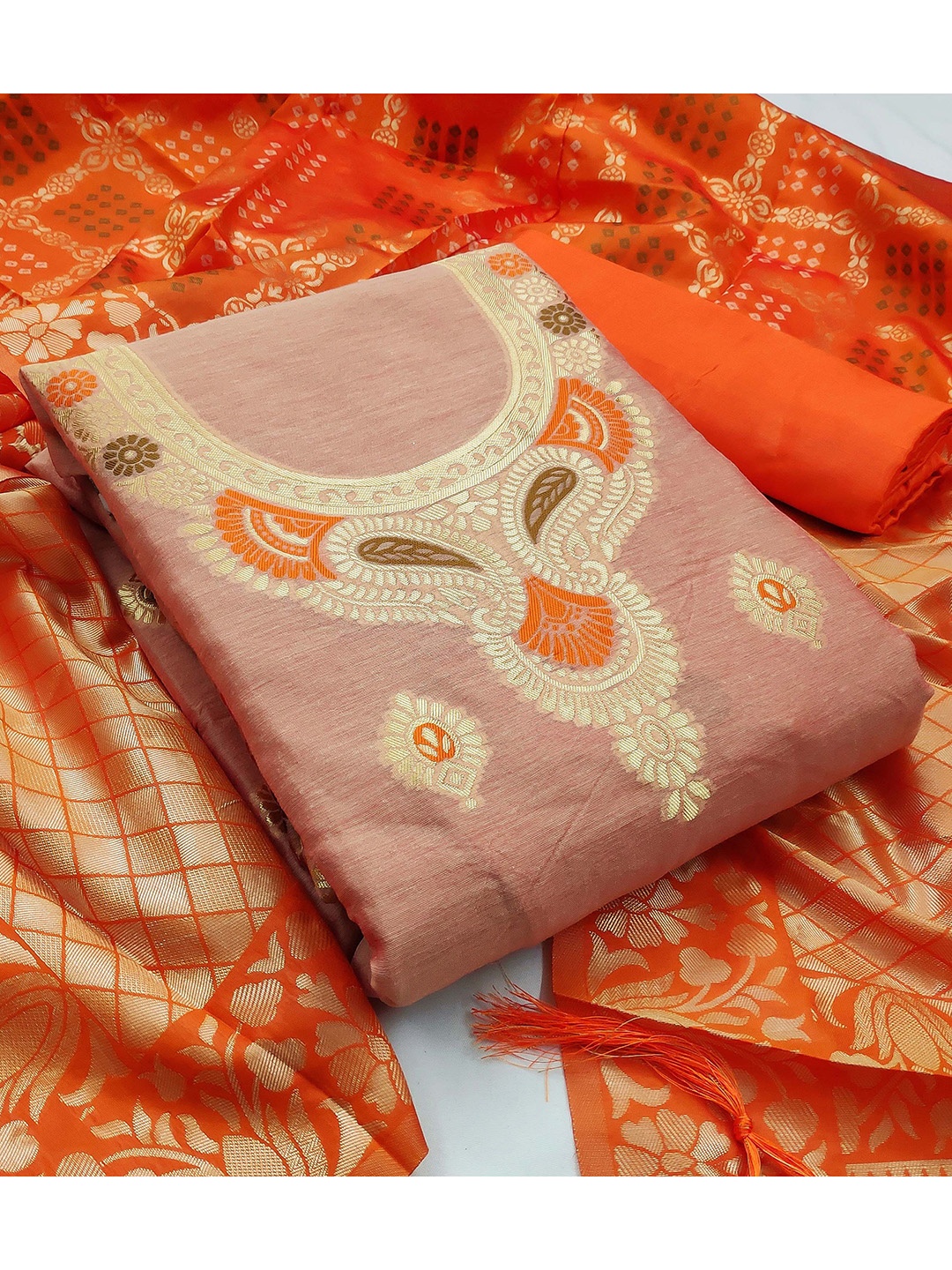 

KALINI Peach-Coloured & Orange Unstitched Dress Material