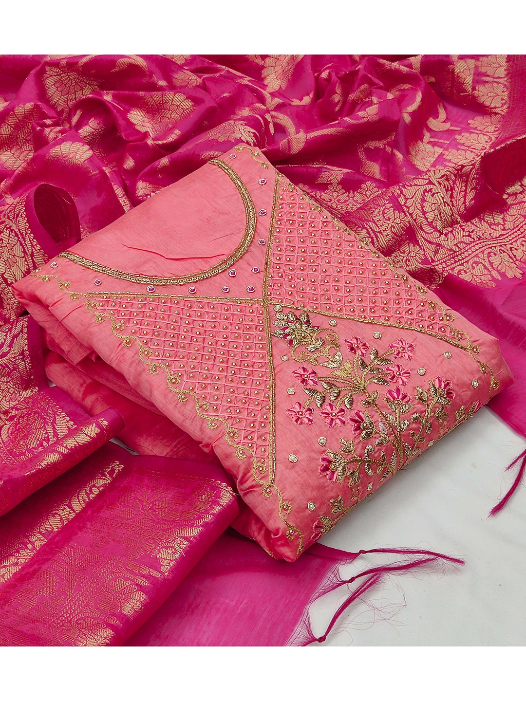 

KALINI Peach-Coloured & Gold-Toned Embroidered Unstitched Dress Material