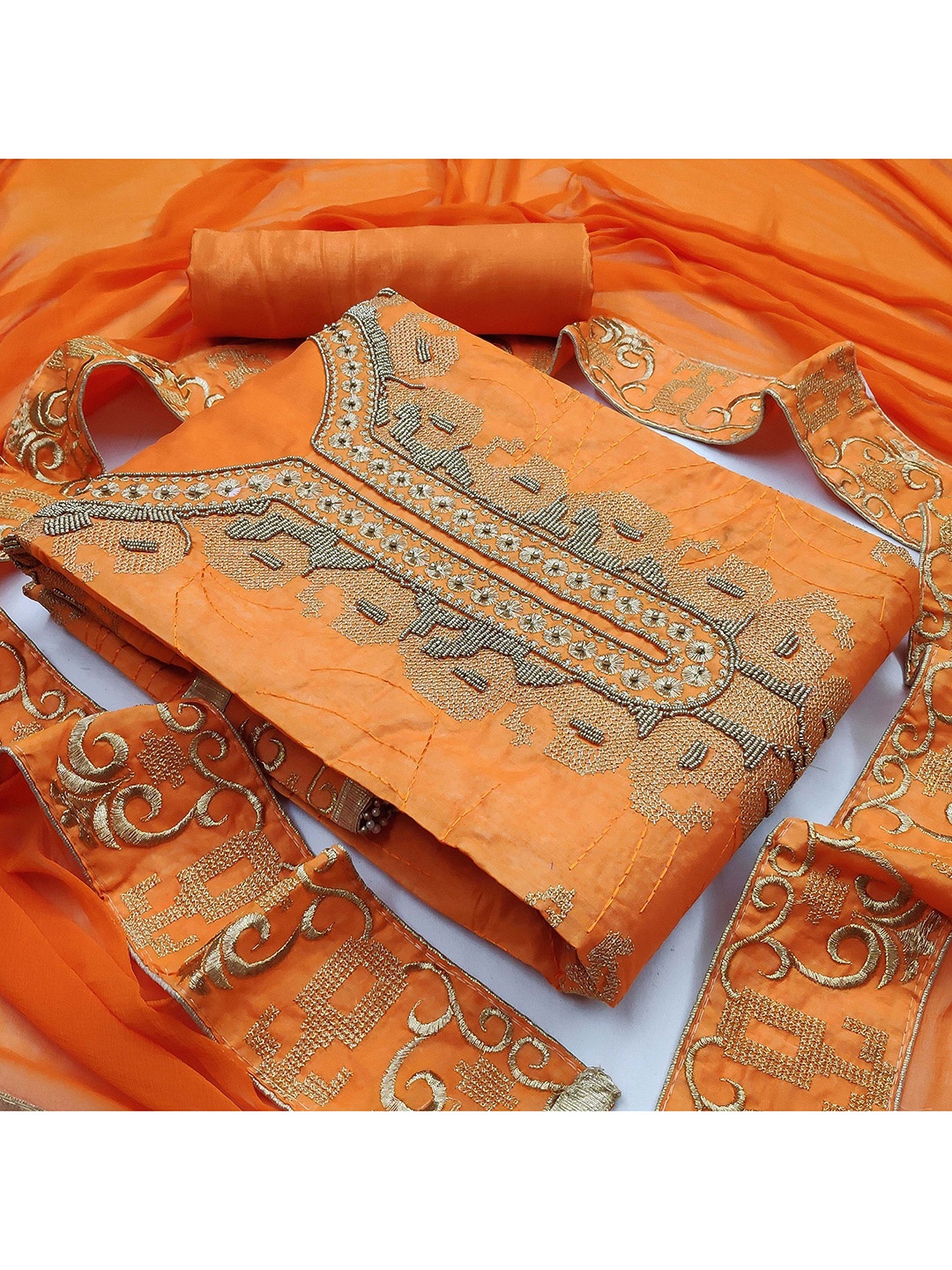 

KALINI Orange & Grey Embroidered Unstitched Dress Material